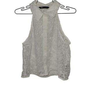 Zara White Lace Button-Up Cropped Blouse SZ L